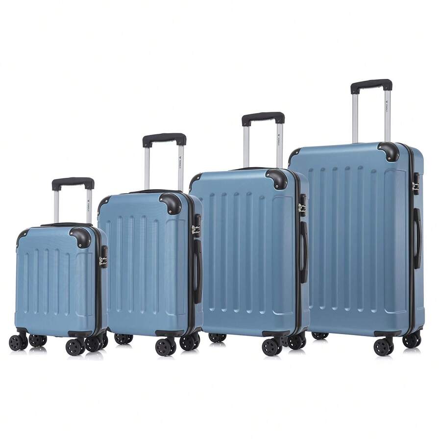 YONSLY 4-Piece Wheeled Suitcase Set With 360° Wheels, Combination Lock, Robust Double Zipper, Mesh Pocket, Soft Rubber Handle, 16/20/24/28 Inch Trolley Suitcase, Hard Shell Carry-On Luggage Set (4-Piece Set, S, M, L & XL) - 灰藍 - 查看 1