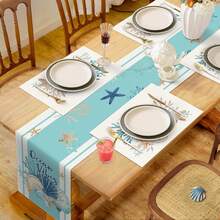 Blau & Grün Küsten-Nautik Tischläufer mit Strandmuscheln, Seesternen, Meereskorallen Motiven, Sommer Küchen Esszimmer Tischdekoration, Innen- und Außenbereich Heim Party Deko - Verschiedenfarbig - Übersicht 6