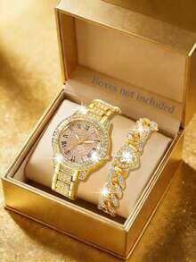 女士手表套装，时尚优雅圆形石英表，镶嵌水钻，配有同款手链，适合日常佩戴，生日礼物（不含礼盒） - 金色 - 查看 8