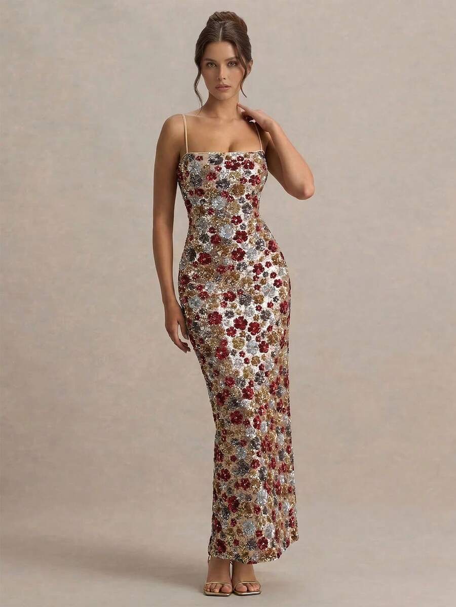 Vestido formal feminino elegante com bustiê de camada dupla e aplicações de miçangas, ideal para convidadas de casamento e festas na primavera. - Multicolorido - Ver 1