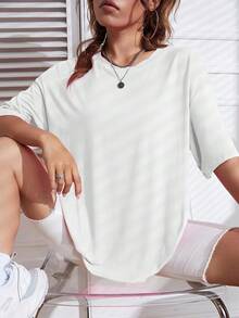 女款寬鬆大尺寸短袖T恤休閒運動上衣健身服夏季寬鬆版型圖案基礎款Y2K 2026運動風白色 - 白色 - 查看 4