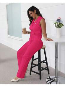 CALEBGAR Women's 2 Piece Sleeveless Blazer Suit, V Neck Belted Vest & Straight Pants, Y2K Business Casual Outfit - Màu Hồng Tươi - Xem 4