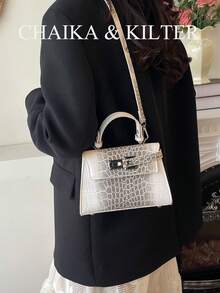 Tas Tangan Wanita Motif Leci Musim Panas Terbaru, Tali Bahu yang Dapat Diatur dan Bergaya, Tas Bahu Komuter Minimalis Warna Solid dengan Dekorasi Logam Mewah - Putih - View 7