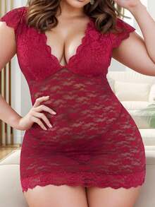 Große Größen Frauen Blumen Spitze Sexy Dessous Jumpsuit Mesh Nachtwäsche - Bordeaux - Übersicht 1
