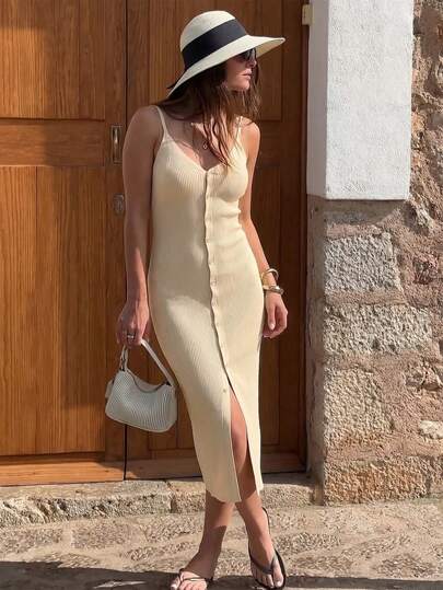 فستان كامي أنيق بتصميم أنيق بلا أكمام مع شق جانبي، لون أحادي، تفاصيل أزرار، تصميم مناسب للخصر، وصول جديد للربيع/الصيف