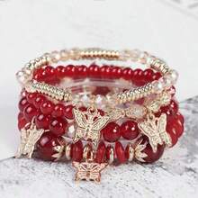 4pcs Bohemian Style Multi-Layer Butterfly Crystal Beaded Bracelet, Suitable For Women Daily Wear And Gift - Red - View 4