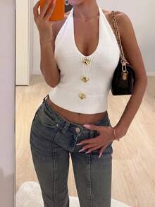 Áo hai dây dệt kim cổ chữ V buộc dây gợi cảm dành cho nữ, áo croptop hở lưng có khóa kim loại cho mùa hè - trắng - Xem 5