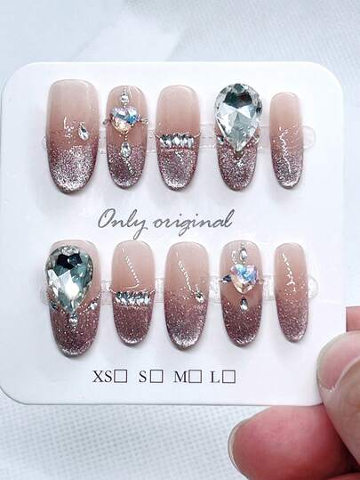 10片粉色手工按压式美甲贴片，中号椭圆形猫眼美甲贴片，亚克力材质，镶嵌宝石。美甲用品，覆盖式美甲贴片，假指甲片，女士及女孩人造指甲，纯手工美甲贴片