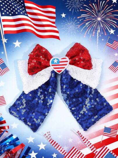 Bộ kẹp tóc in hình cờ Mỹ lấp lánh dành cho bé gái, chủ đề Ngày Tưởng niệm và Ngày Độc lập (4 tháng 7), bao gồm ruy băng hình ngôi sao và nơ, phụ kiện lễ hội cho các bữa tiệc.