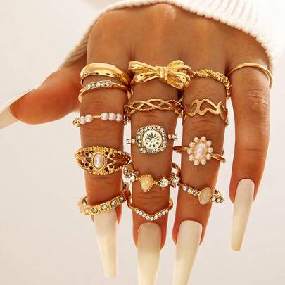 15pcs/Set Minimalist Fashion Rhinestone Bow Knot & Pearl Ring Set, Unique Gift For Women Daily Wear