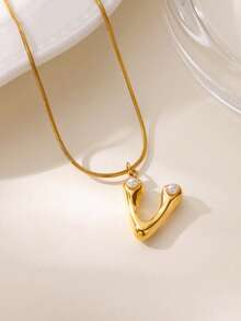 MECYLIFE 1件装时尚不锈钢26字母吊坠项链，镶嵌珍珠，女士项链 - 珍珠字母 - 查看 25