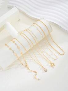 5件套优雅金色蝴蝶结、心形和水滴形立方氧化锆仿珍珠Y型项链吊坠套装，适合女士参加派对、约会、宴会、节日礼物、日常佩戴 - 金黃色 - 查看 4