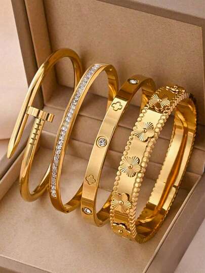 4/1 Pieza Conjunto de pulseras de mujer de acero inoxidable chapado en oro de 18K, pulsera de flor de cinco hojas 3D, pulsera de flor de cuatro hojas, pulsera de flor de cuatro hojas con rhinestones de alta calidad, resistente al agua y resistente a la decoloración, adecuado para uso diario, fiestas, regalos para amigos y familiares, Día de San Valentín, Navidad