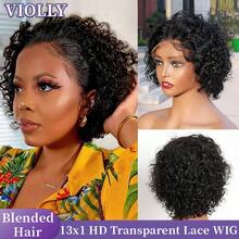 VIOLLY 6英寸杰瑞卷发精灵短假发，13x1高清透明蕾丝前额假发，150%密度，融合式发际线，1B黑色 - 自然色&黑色系 - 查看 1