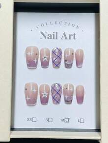1package/10pcs-Lavender Dream Starry Press On Nails | Purple Ombre Plaid Coffin Fake Nails With Rhinestone Accents - Purple - View 8