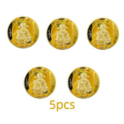 5 đồng xu phong thủy hình Thần Tài, thiết kế đồng xu kỷ niệm bằng sắt mạ vàng, thích hợp để đặt trong văn phòng theo phong thủy, quà tặng năm mới, quà tặng doanh nghiệp.