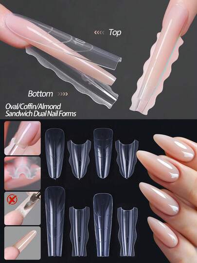 60pcs Almond/Coffin/Oval Sandwich Nail Extension Mold Extra Long Nail Dual Form Clear Nail Prolong Manicure Tools Acrylic Nail Gel Quick Building Mold DIY Salon Nail Supplies Extension Tools