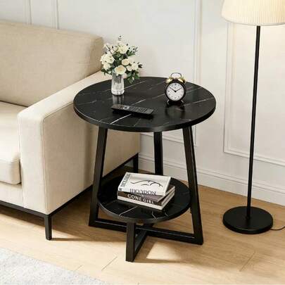 Mesa auxiliar de sofá de doble capa, Mesa De Centro Redonda, Pequeña Mesa De Centro De Madera De Dos Niveles con Patas De Metal, Mueble Moderno con Armario De Almacenamiento para Sala De Estar