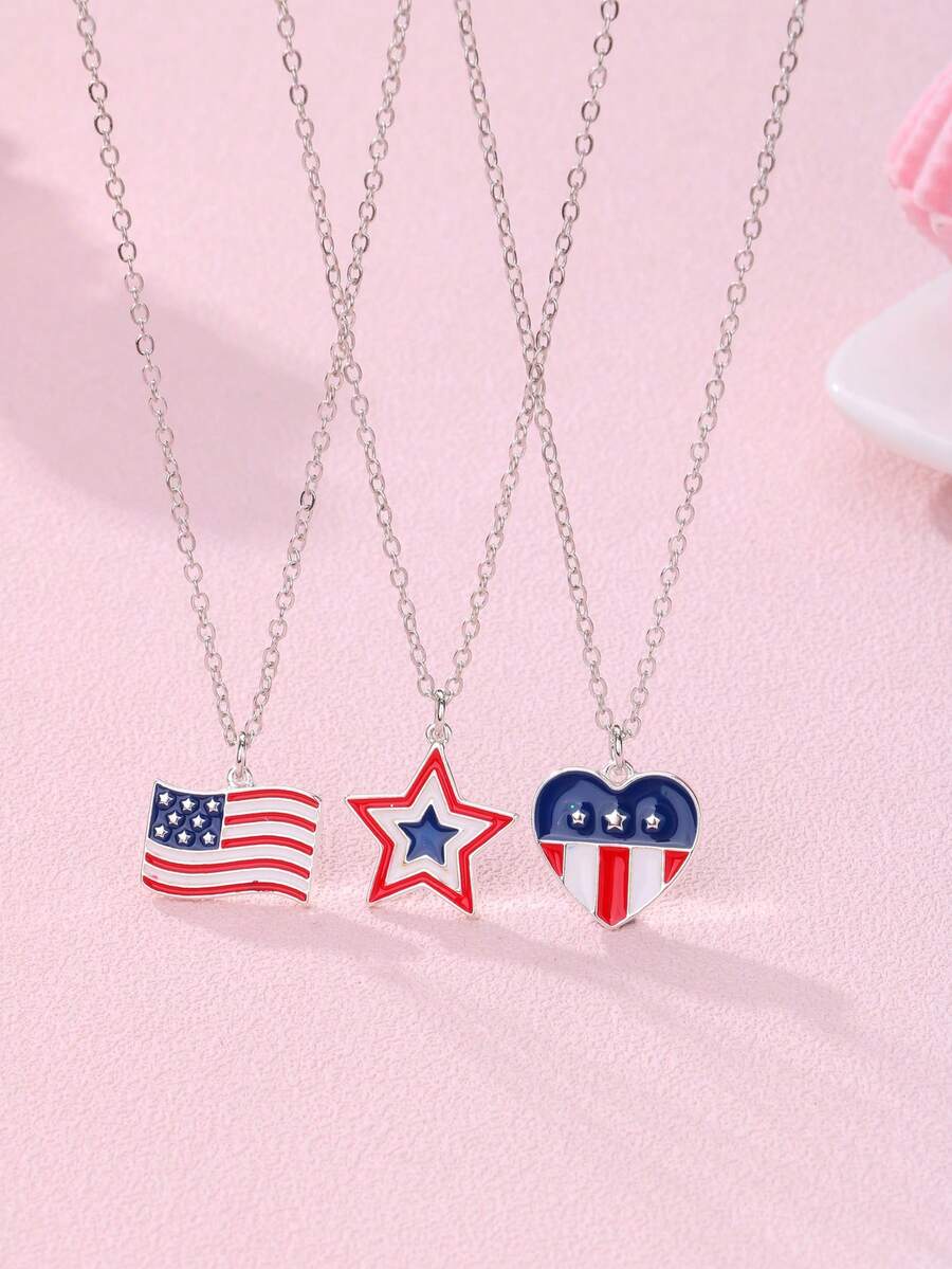 3件套儿童爱国美国国旗、星星、爱心吊坠项链套装，适合日常佩戴、节日、送礼 - 彩色 - 查看 1