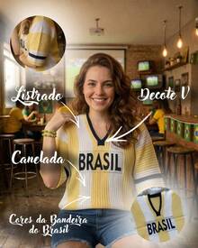 Camiseta Listrada Brasil Copa do Mundo Feminina Tricot Modal Canelado Decote V Manga Curta Verão - Verde/Branco - Visão 4