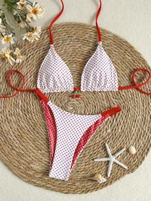 Women's Reversible Polka Dot Printed Bikini 2 Pieces Set, Fashionable Elegant Sexy Summer Beach Pool Party Swimwear Vacation - Red and White - View 12