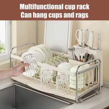 1PCS Large Steel Dish Drainer Rack With Drip Tray Cutlery Holder Plate Rack Kitchen Sink - Cream Silver - View 7