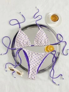 新款女士音乐节沙滩波点蕾丝边串珠挂脖系带泳裤纯色内衬性感简约浪漫休闲假日派对比基尼套装，夏季女士时尚泳装 - 紫羅蘭色 - 查看 4