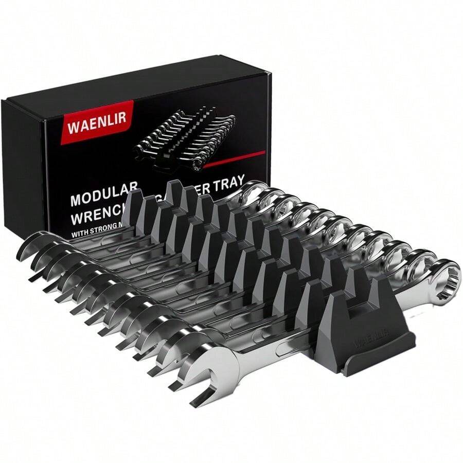 WAENLIR 12PCS Magnetic Modular Wrench Organizer Set-Drawer Storage Rack With MetricSAE Labels, Wrench Holder With Magnet, Men, Father, Boyfriend, DIYers Mechanics (Black) - Default - View 1