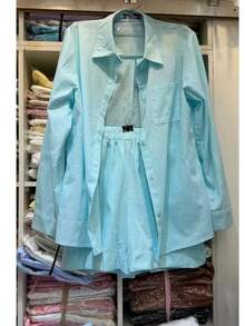 Linen Shirt And Shorts Set (2 Pieces), Lined With Elastic. - Mint Blue - View 1