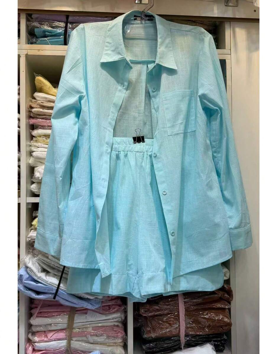 Linen Shirt And Shorts Set (2 Pieces), Lined With Elastic. - Mint Blue - View 1