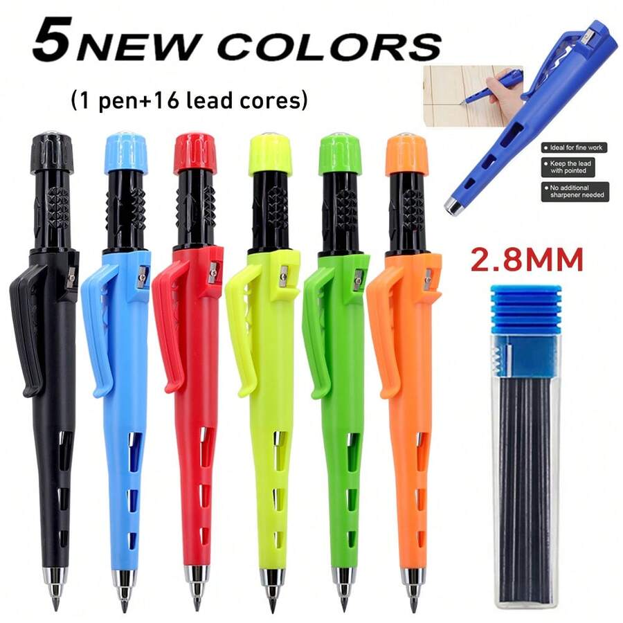 Bút chì chuyên dụng đầu dài 2.8mm dùng trong chế biến gỗ, làm từ ruột chì than đen, bền và khó bị gãy, có tích hợp gọt bút chì, thích hợp để đánh dấu dụng cụ tại công trường xây dựng (1 bút + 1 hộp ruột chì). - Bộ - Xem 1