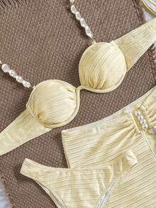 Bikinx 2026 Summer 3pcs Women's Textured Spaghetti Strap Cute Bikini Underwire Set With Cover-Up Fairy Skirt For Beach Vocation - Light Yellow - View 3