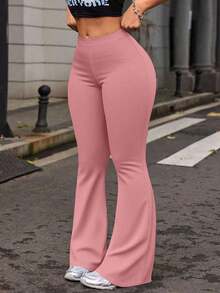 Women's High Waist Solid Color Flare Yoga Leggings, Workout Running Fitness Pants Black Spring - Hồng - Xem 2