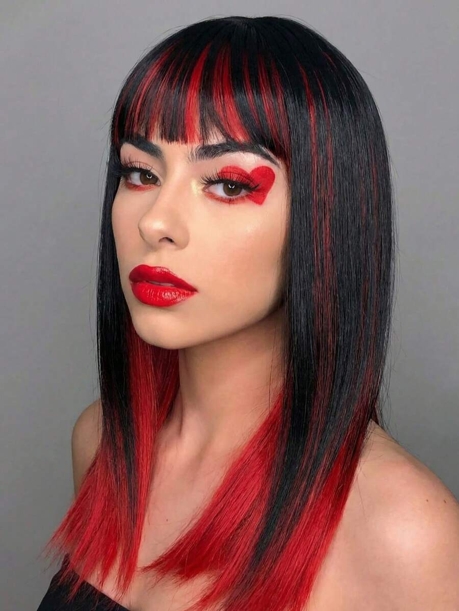 Black To Red Ombre Straight Wig With Fringe – Perfect For Daily Wear, Parties, Festivals & Halloween Costumes - Red Ombre - View 1
