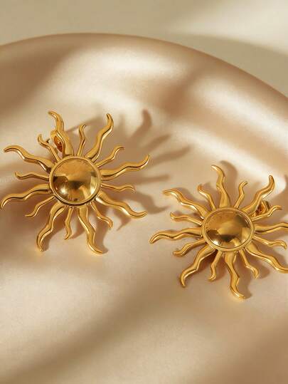 2026马年吉祥黄金首饰！优雅耳环套装，自发光设计：太阳/海星/树叶/圆圈金属耳环，高端黄金耳环，百搭各种服饰，适合海滩/休闲拍摄