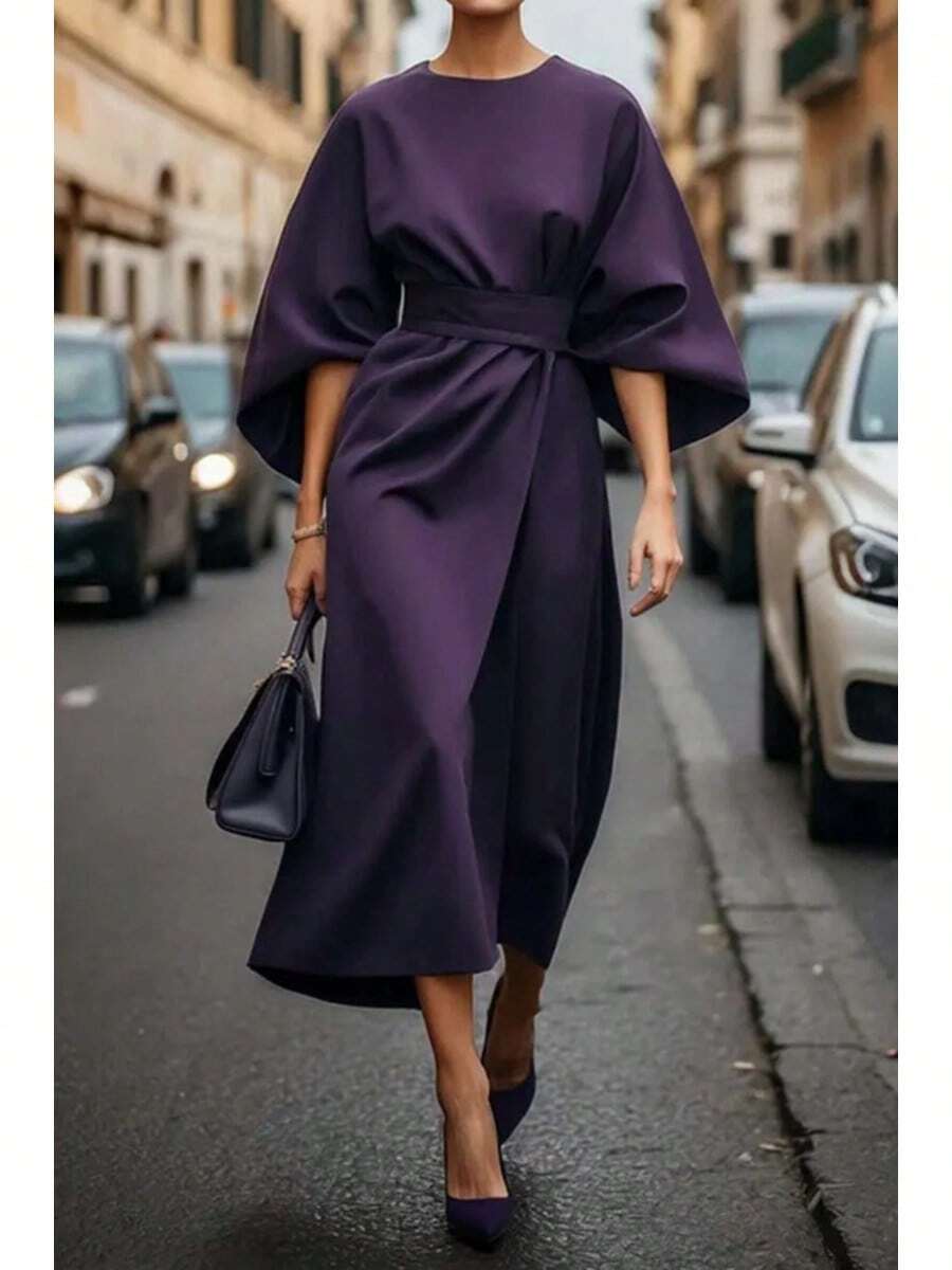 2026 Women S European American Fashion Elegant Solid Color Waist Cinching Bat Sleeve Long Dress Casual Party Work Office Dresses - 紫色 - 查看 1