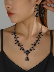 复古梅子色三件套，包含紫色水钻耳环和项链，适合新娘、伴娘、婚礼晚宴、舞会、晚礼服配饰 - 黑色 - 查看 5