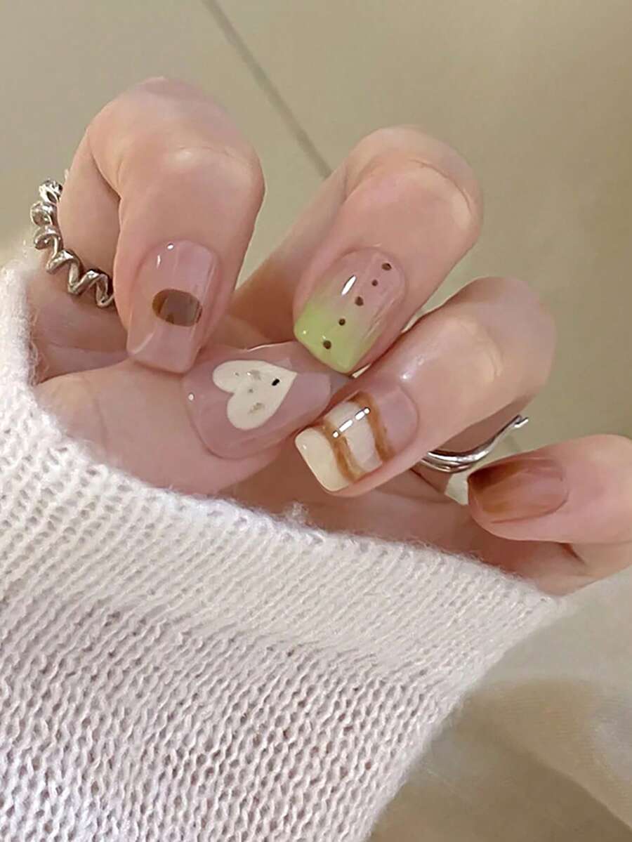 24pcs Short Square Fake Nails, Featuring Milky Almond Ombre, Line, Dot & Heart Designs, Includes 1 Jelly Gel And 1 Buffer Block, Suitable For Valentine's Day Party, Dancing And Daily Wear, Removable And Reusable.