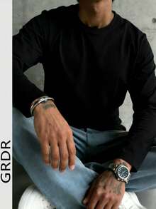 GRDR Men's Solid Color Casual Versatile Crew Neck Long Sleeve T-Shirt - Black - View 1