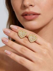 新款欧美风铜质微镶锆石心形耳钉，女士结婚周年纪念礼物 - 彩色 - 查看 13