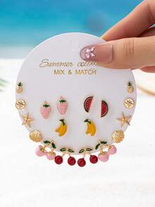 18件套极简珐琅樱桃耳环套装，镀金迷你海星耳钉，海洋水果主题首饰，适合女性日常及度假佩戴 - 草莓櫻桃海星耳飾套裝 - 查看 1