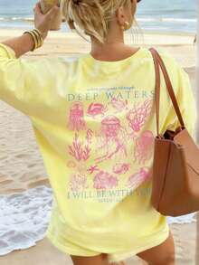 Women's Summer New Simple Cute Marine Life Print Casual Vacation Style Loose Versatile Round Neck White Short-Sleeved T-Shirt Fashionable Daily Tops Suitable For Daily Vacation Wear. Graphic Tees Women Pink Top-Unisex Comfortable Vintage Street Style Loose-Fit Washed T-Shirt - 黃色 - 查看 2