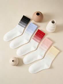 1/3/5 Pairs Random Color Women Gradient Striped Mid-Calf Socks, Ribbed Seamless Cuff Non-Slip Sports Socks - Multicolor - View 5