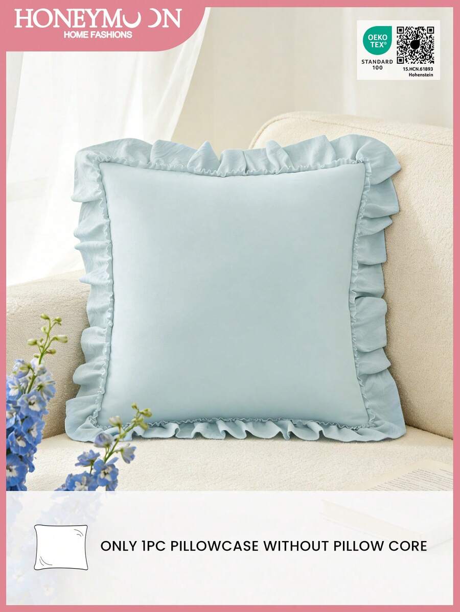 1pc Honeymoon Series Ruffled Quilted Throw Pillow Cover - Made Of Polyester Velvet Fabric, Romantic French Style Ruffled Pillow Sham (Pillow Insert Not Included), Envelope Closure, Wrinkle Resistant, Machine Washable, OEKO-TEX Certified, Ice Blue - Ice Blue - View 1