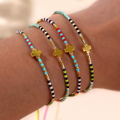 1pc Summer Bohemian Style Cross Seed Bead Woven Bracelet, Cross Bracelet, Seed Bead Woven Bracelet, Birthday Gift, Suitable For Daily Commute, Family Gift, Friend Gift, Beach Gift