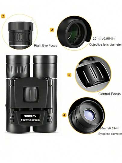 300x25 HD Powerful Binoculars, Clear Imaging, 10x Magnification, 5000m Long-Distance Foldable Mini Telescope, BAK4 FMC Optical Lenses, Suitable For Hunting, Sports, Outdoor Camping, And Travel