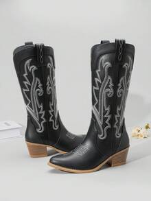 Athlefit Women's Embroidered Western Cowboy Boots Concert Boots Fashion Pointed Toe Chunky Heel Mid Calf Chic Cowgirl Boots - 黑色 - 查看 4