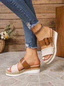 女士编织豹纹坡跟凉拖鞋，休闲露趾厚底草编拖鞋，适合夏季日常穿着和海滩度假 - 白色 - 查看 4