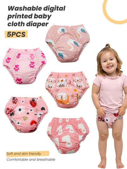 5pcs Baby Reusable Printed Potty Training Pants, Washable Diaper Underwear For Toddler Boys & Girls