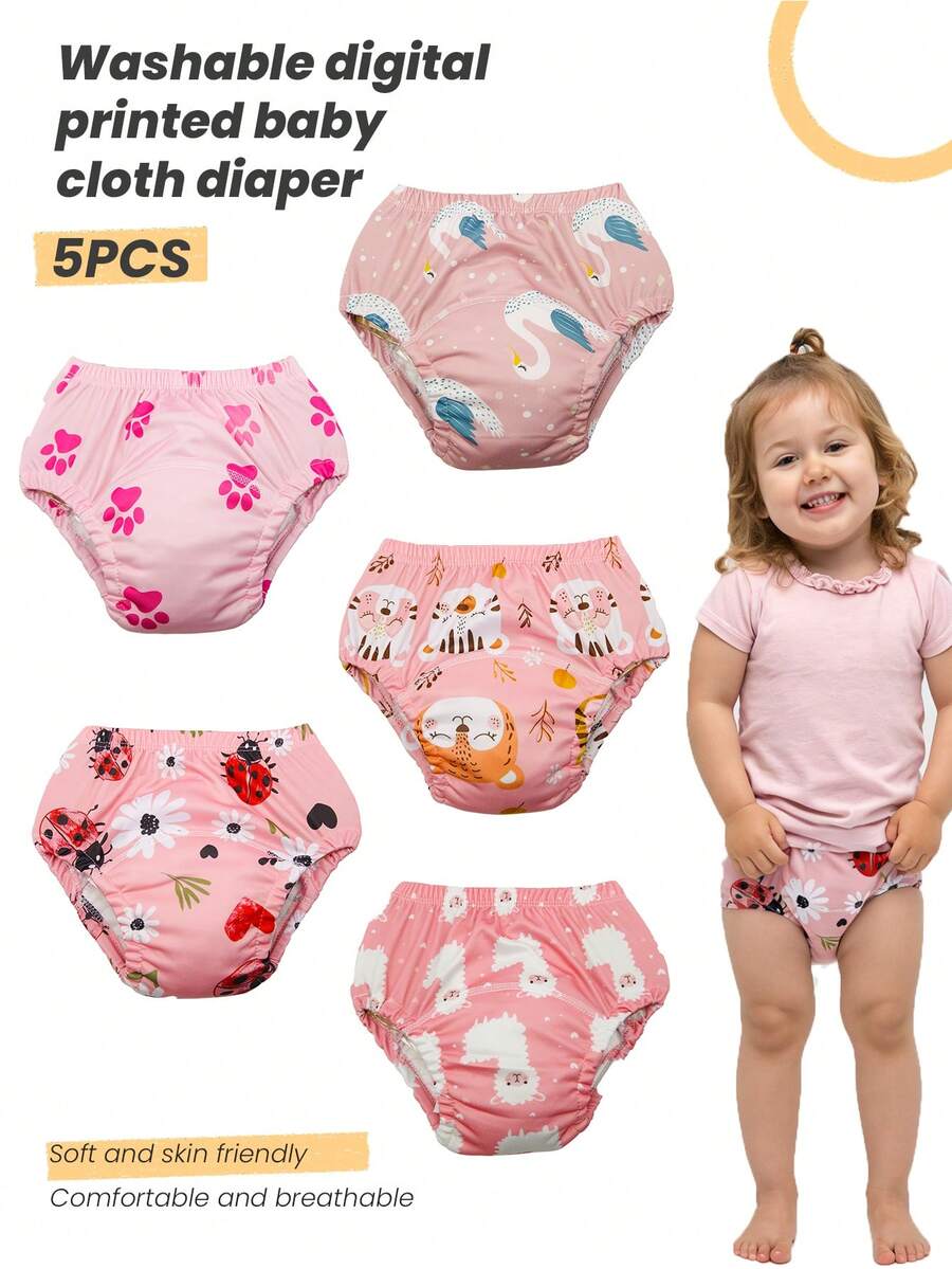 5pcs Baby Reusable Printed Potty Training Pants, Washable Diaper Underwear For Toddler Boys & Girls - Ladybug - View 1